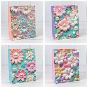 Пакет картон ламинир. 26*32 Цветы (микс) с блёстками 1/20